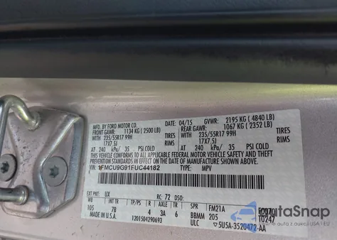 2015 Ford Escape Se from USA, damaged, VIN 1FMCU9G91FUC44182